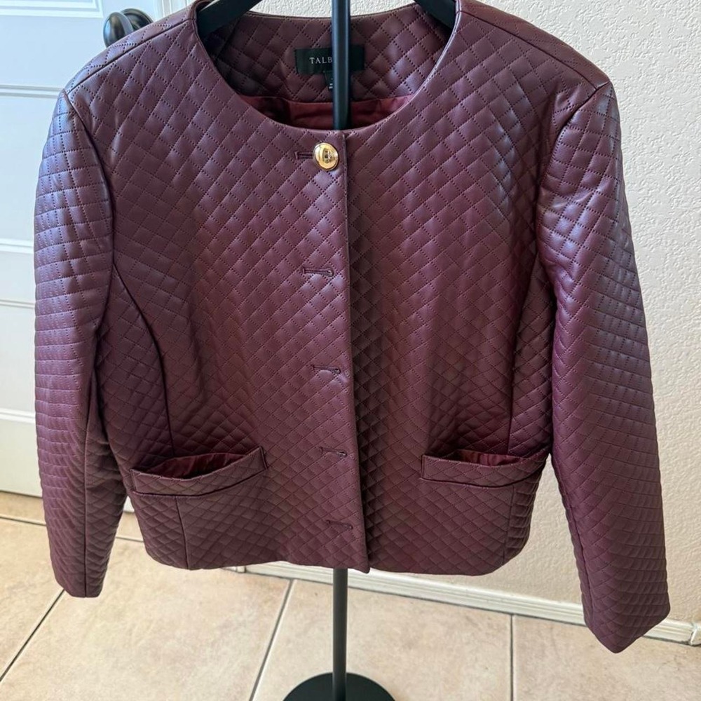 Talbots Womens Burgundy Quilted Faux Leather Jacket Size 16 Wine Red Gold Button